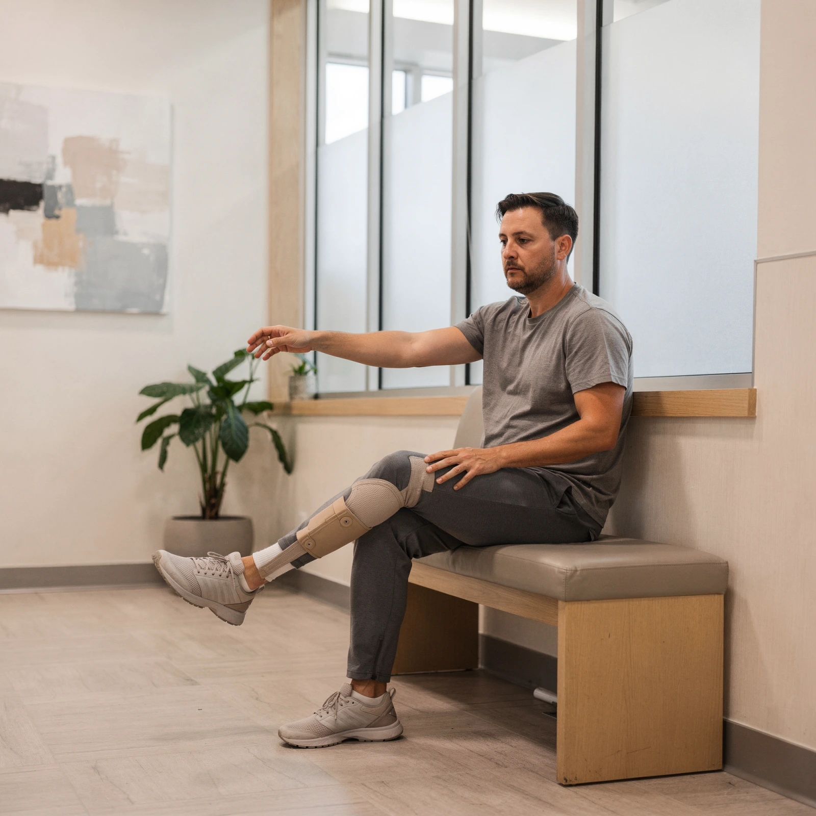 Man wearing a lower leg brace demonstrating range of motion exercises in a clinic waiting area